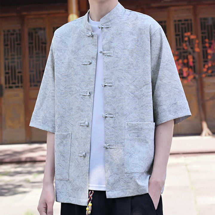 Buddha Stones Summer Tang Style Mandarin Collar Frog Button Solid Men's Short Sleeve Shirts With Pocket - image 5