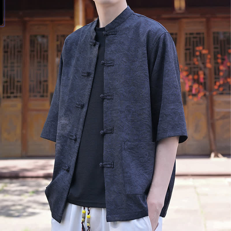 Buddha Stones Summer Tang Style Mandarin Collar Frog Button Solid Men's Short Sleeve Shirts With Pocket - image 13