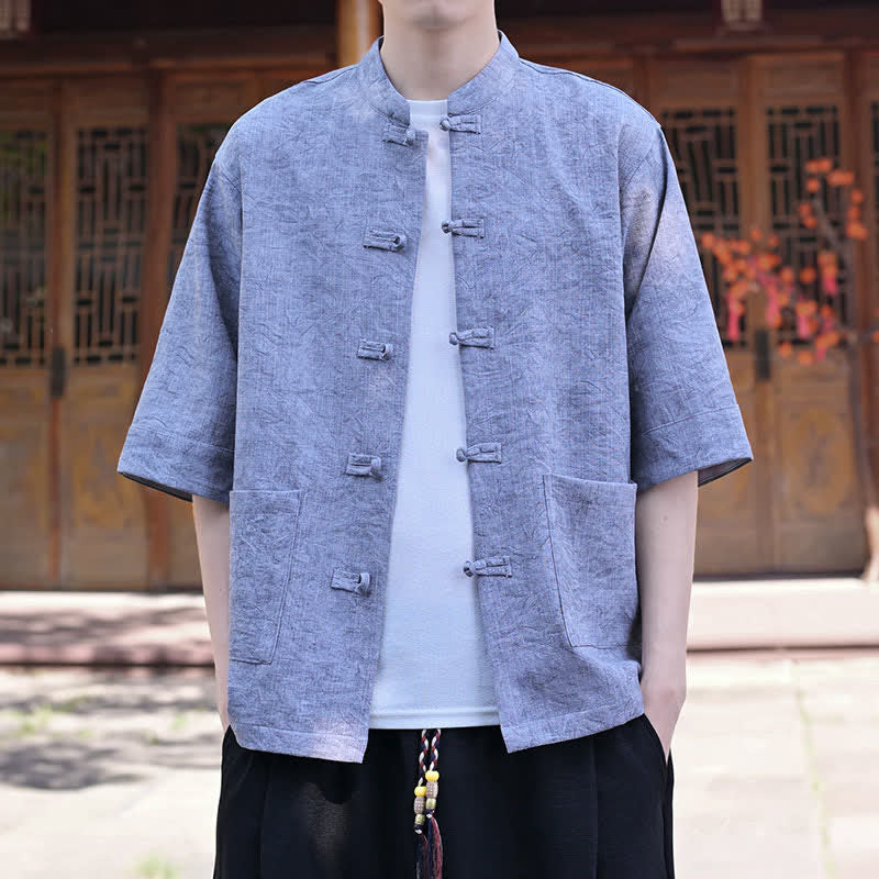 Buddha Stones Summer Tang Style Mandarin Collar Frog Button Solid Men's Short Sleeve Shirts With Pocket - image 19