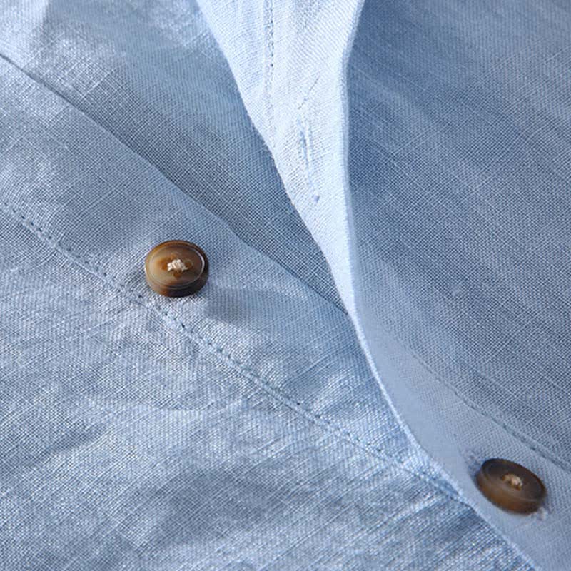 Buddha Stones Summer Tang Style Casual Mandarin Collar Solid Linen Men's Short Sleeve Shirts - image 7