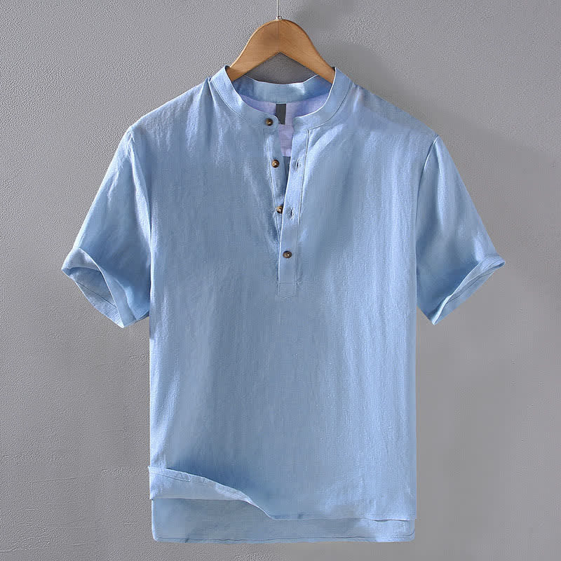 Buddha Stones Summer Tang Style Casual Mandarin Collar Solid Linen Men's Short Sleeve Shirts - PowderBlue - US/UK/AU42，EU52 (3XL) - image 0