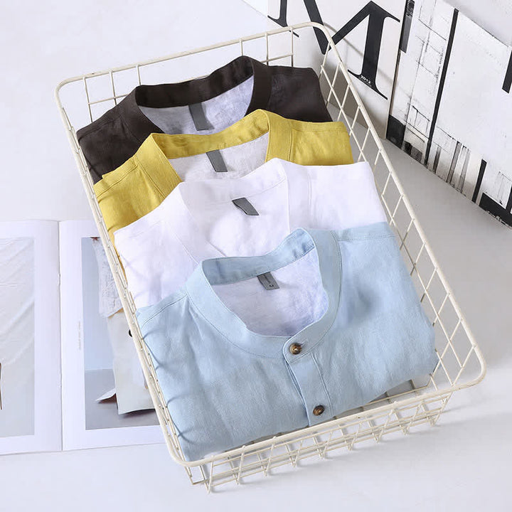 Buddha Stones Summer Tang Style Casual Mandarin Collar Solid Linen Men's Short Sleeve Shirts - image 15