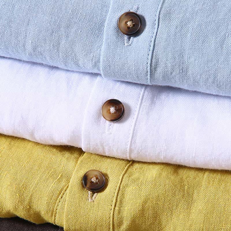 Buddha Stones Summer Tang Style Casual Mandarin Collar Solid Linen Men's Short Sleeve Shirts - image 18