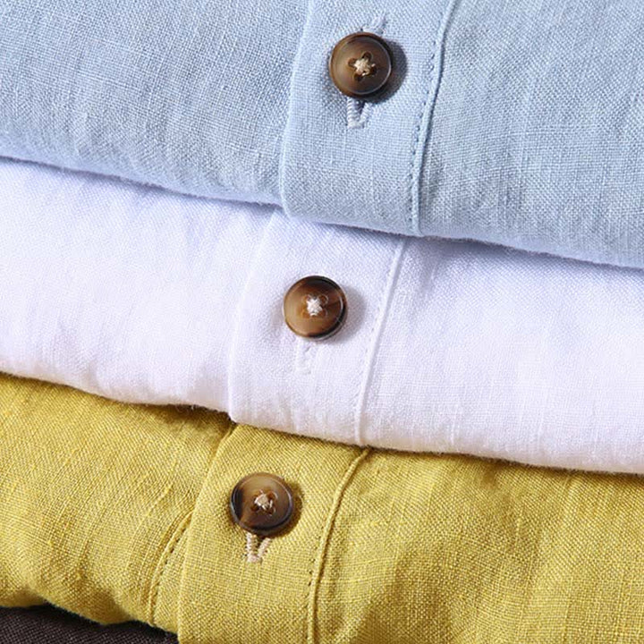 Buddha Stones Summer Tang Style Casual Mandarin Collar Solid Linen Men's Short Sleeve Shirts - image 18