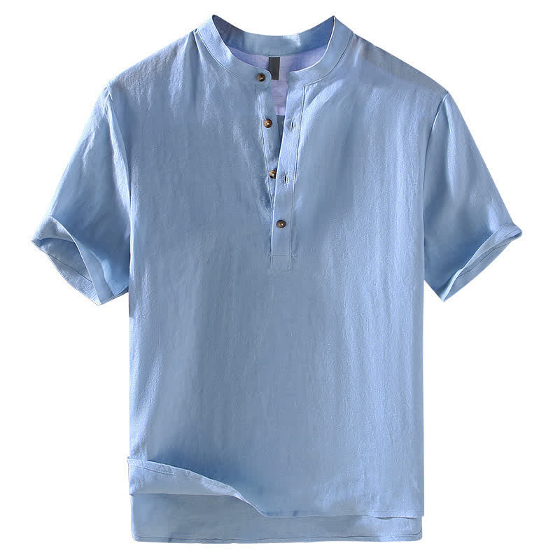 Buddha Stones Summer Tang Style Casual Mandarin Collar Solid Linen Men's Short Sleeve Shirts - image 1