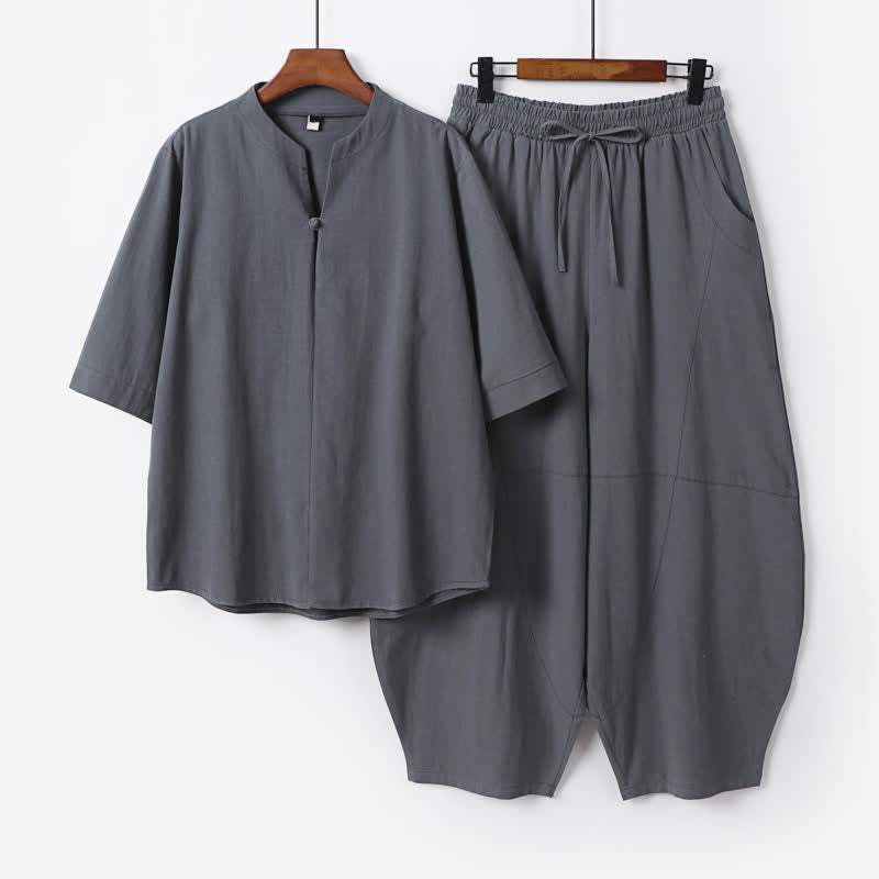 Buddha Stones 2Pcs Spring Summer Casual Tang Style Drawstring Solid Shirt Cropped Pants Men's Meditation Cloth With Pocket - SlateGray - US/UK/AU54，EU64 (9XL) - image 0