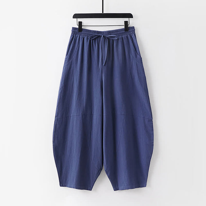 Buddha Stones 2Pcs Spring Summer Casual Tang Style Drawstring Solid Shirt Cropped Pants Men's Meditation Cloth With Pocket - image 9