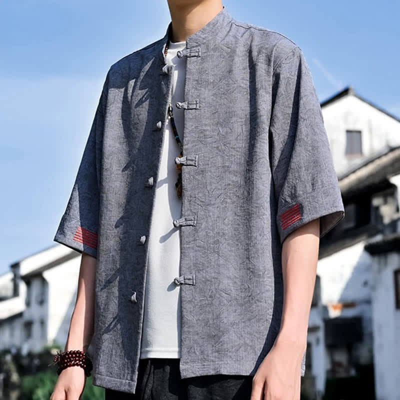 Buddha Stones Summer Tang Style Mandarin Collar Frog Button Solid Men's Short Sleeve Shirts - image 16