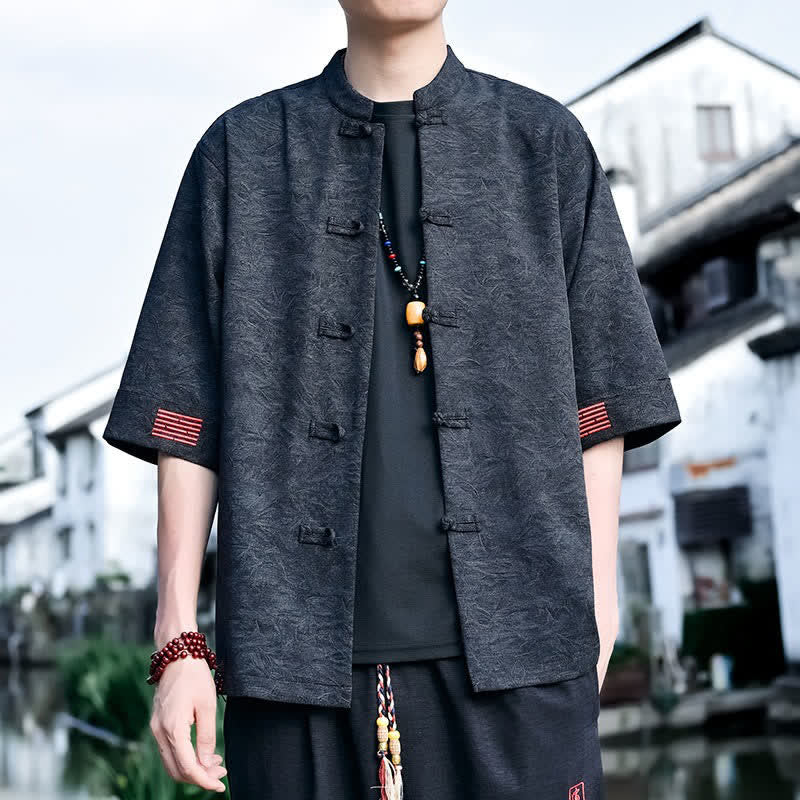 Buddha Stones Summer Tang Style Mandarin Collar Frog Button Solid Men's Short Sleeve Shirts - image 11