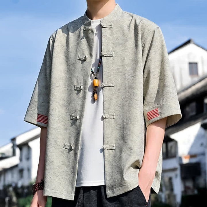 Buddha Stones Summer Tang Style Mandarin Collar Frog Button Solid Men's Short Sleeve Shirts - image 4