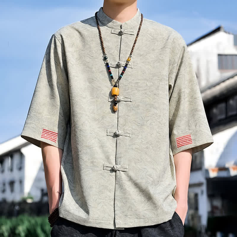 Buddha Stones Summer Tang Style Mandarin Collar Frog Button Solid Men's Short Sleeve Shirts - image 1