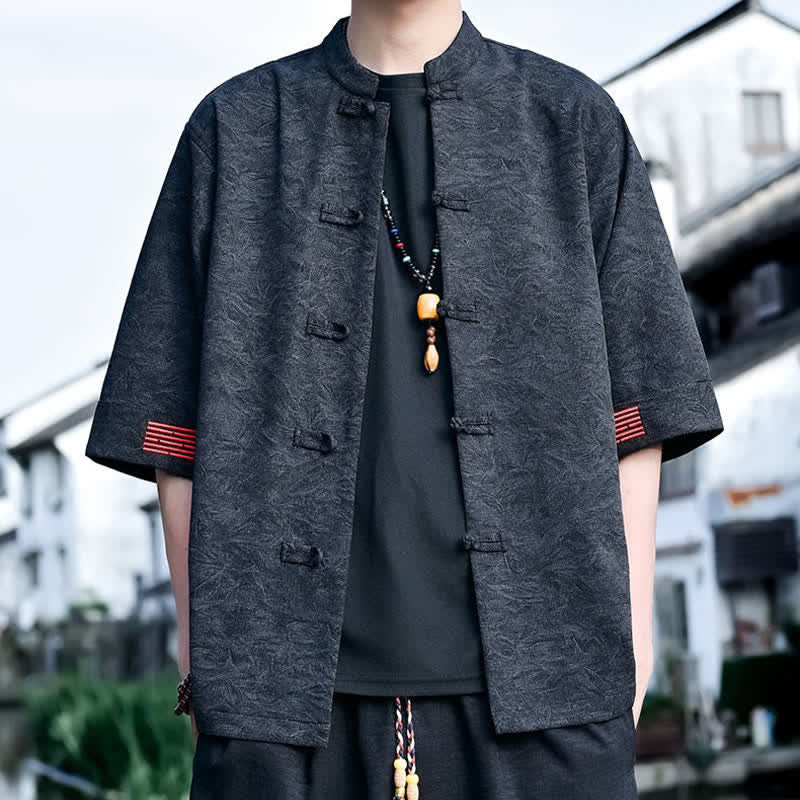 Buddha Stones Summer Tang Style Mandarin Collar Frog Button Solid Men's Short Sleeve Shirts - Black - US/UK/AU46，EU56 (5XL) - image 5