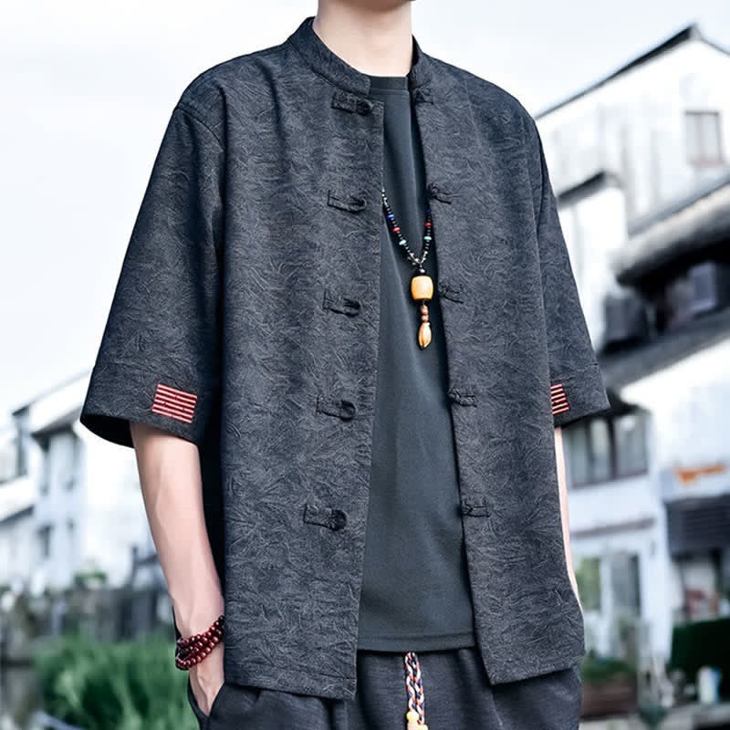 Buddha Stones Summer Tang Style Mandarin Collar Frog Button Solid Men's Short Sleeve Shirts - image 6