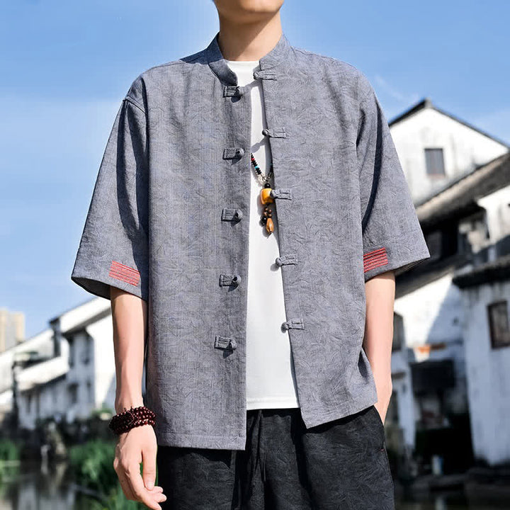 Buddha Stones Summer Tang Style Mandarin Collar Frog Button Solid Men's Short Sleeve Shirts - image 13