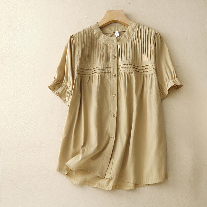 Buddha Stones Summer Casual Vintage Button-up Solid Pintuck Pleats Design Women's Short Sleeve Shirts - Khaki - US8-10, UK/AU12-14, EU40-42 (2XL) - image 0