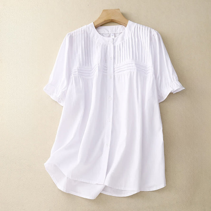 Buddha Stones Summer Casual Vintage Button-up Solid Pintuck Pleats Design Women's Short Sleeve Shirts - White - US8-10, UK/AU12-14, EU40-42 (2XL) - image 15