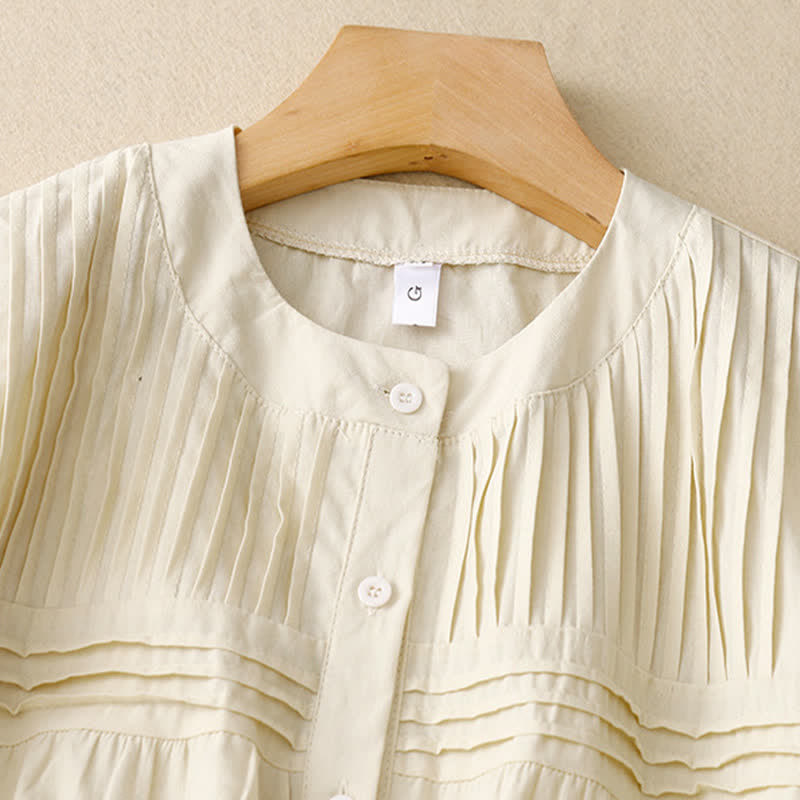 Buddha Stones Summer Casual Vintage Button-up Solid Pintuck Pleats Design Women's Short Sleeve Shirts - image 8