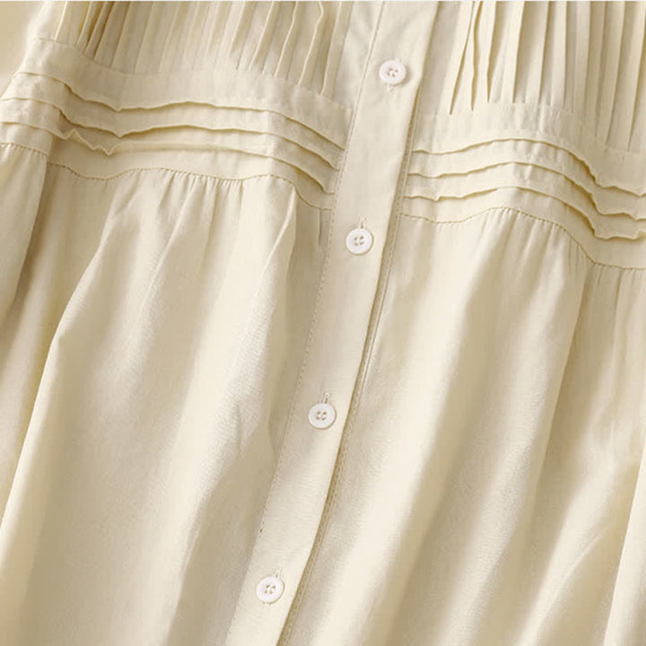Buddha Stones Summer Casual Vintage Button-up Solid Pintuck Pleats Design Women's Short Sleeve Shirts - image 9