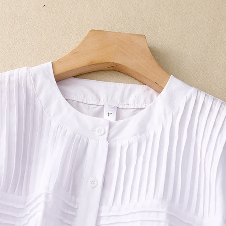 Buddha Stones Summer Casual Vintage Button-up Solid Pintuck Pleats Design Women's Short Sleeve Shirts - image 16