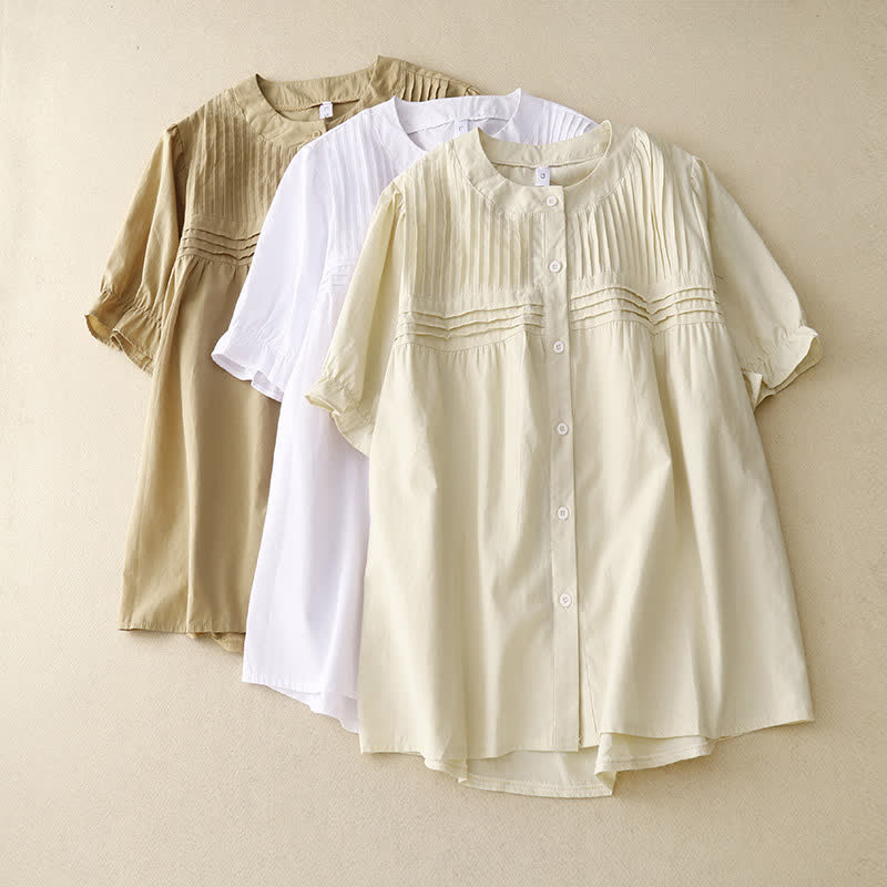 Buddha Stones Summer Casual Vintage Button-up Solid Pintuck Pleats Design Women's Short Sleeve Shirts - image 21
