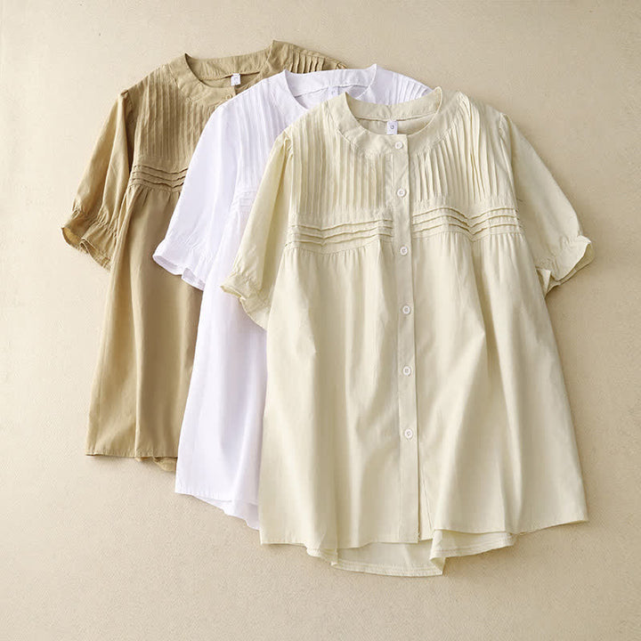 Buddha Stones Summer Casual Vintage Button-up Solid Pintuck Pleats Design Women's Short Sleeve Shirts - image 21
