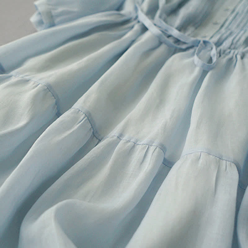 Buddha Stones Summer Vintage Drawstring Button-up Solid Pintuck Design Cotton Women's Short Sleeve Dresses With Pocket - image 5