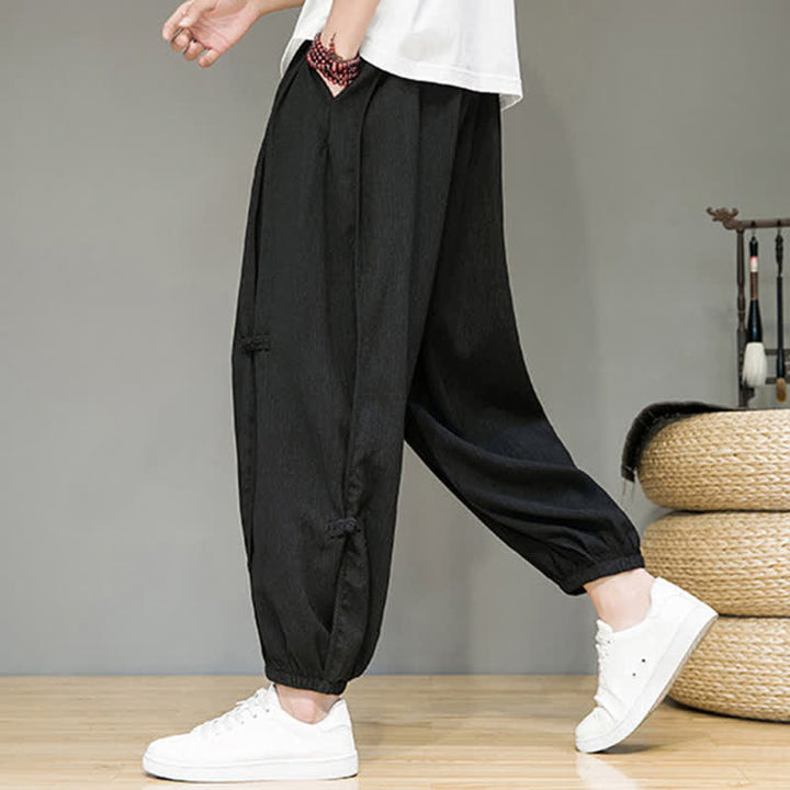 Buddha Stones Summer Casual Minimalist Drawstring Solid Cropped Pants Men's Harem Pants With Pocket - image 3