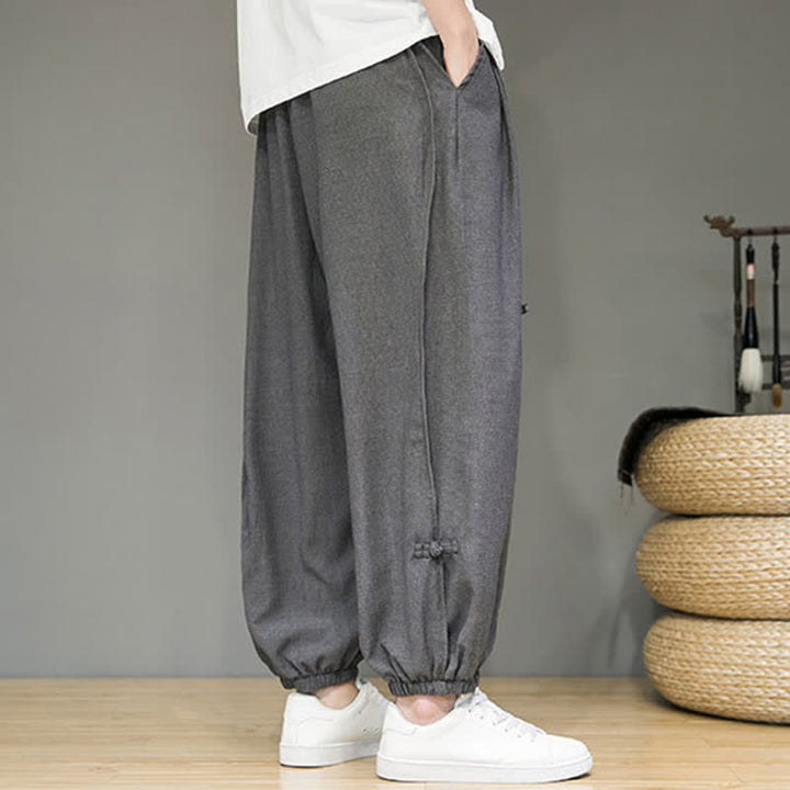 Buddha Stones Summer Casual Minimalist Drawstring Solid Cropped Pants Men's Harem Pants With Pocket - image 12