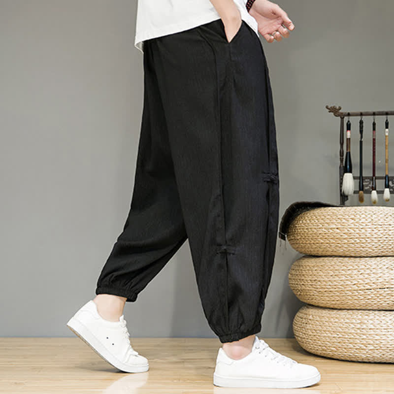 Buddha Stones Summer Casual Minimalist Drawstring Solid Cropped Pants Men's Harem Pants With Pocket - image 6