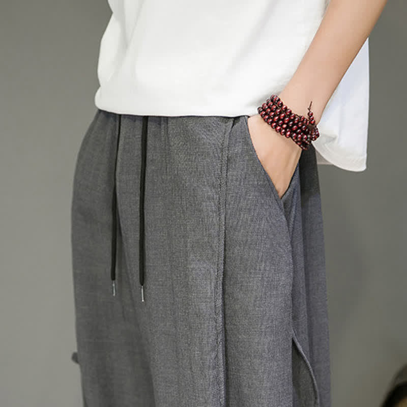 Buddha Stones Summer Casual Minimalist Drawstring Solid Cropped Pants Men's Harem Pants With Pocket - image 18