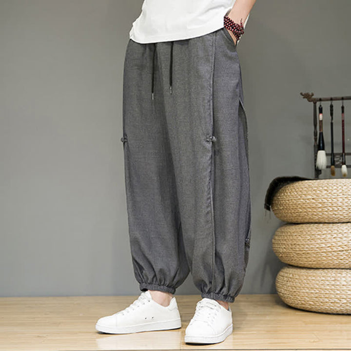 Buddha Stones Summer Casual Minimalist Drawstring Solid Cropped Pants Men's Harem Pants With Pocket - image 10