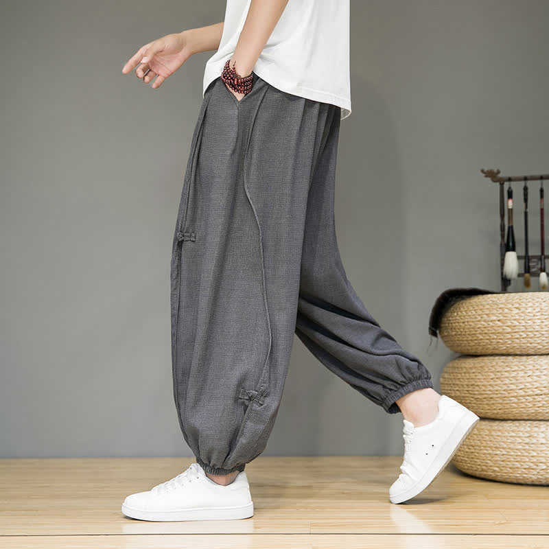 Buddha Stones Summer Casual Minimalist Drawstring Solid Cropped Pants Men's Harem Pants With Pocket - image 15