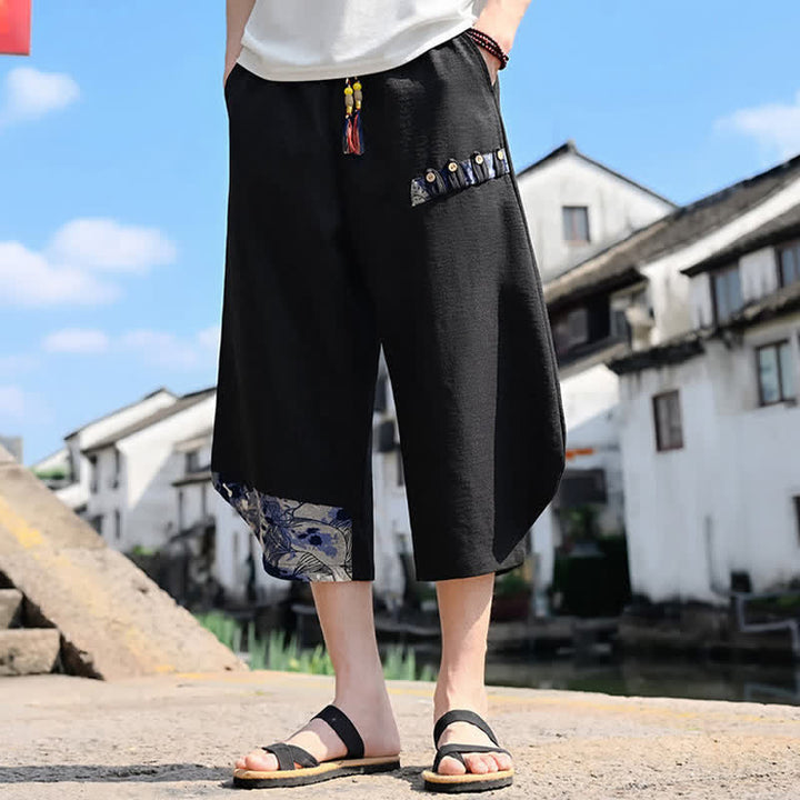 Buddha Stones Summer Casual Vintage Drawstring Floral Capri Pants Men's Harem Pants With Pocket - Black - US/UK/AU46, EU56 (5XL) - image 0