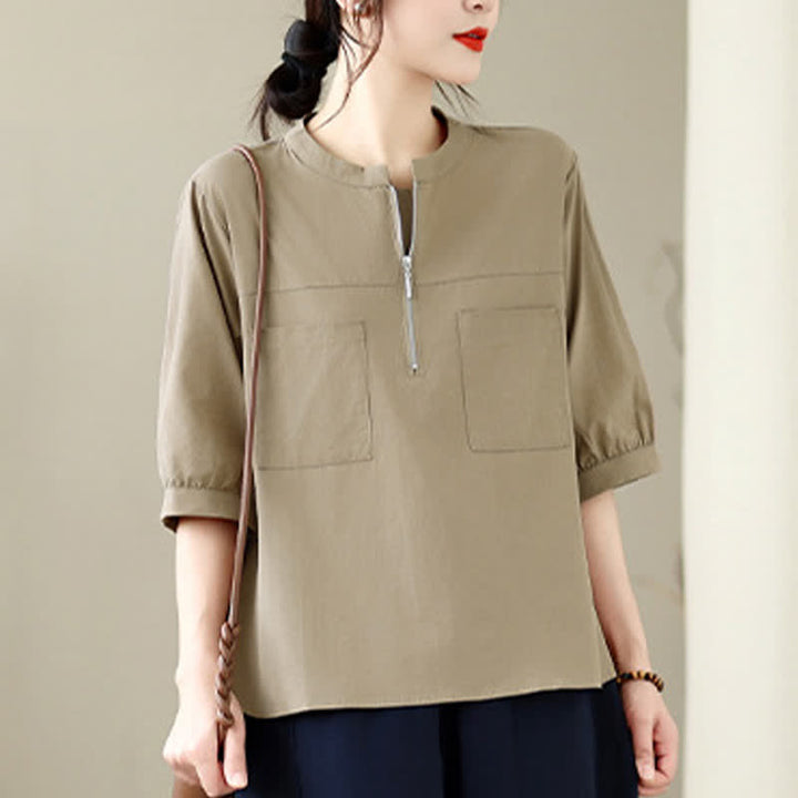 Buddha Stones Summer Minimalist Casual Quarter Zip Design Solid Women's Short Sleeve Shirts With Patch Pocket - image 1