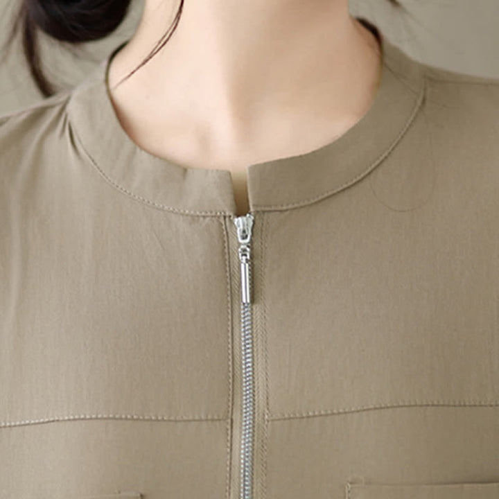 Buddha Stones Summer Minimalist Casual Quarter Zip Design Solid Women's Short Sleeve Shirts With Patch Pocket - image 6