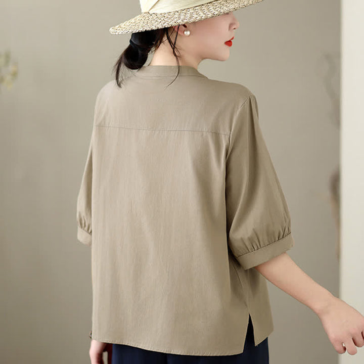 Buddha Stones Summer Minimalist Casual Quarter Zip Design Solid Women's Short Sleeve Shirts With Patch Pocket - image 2