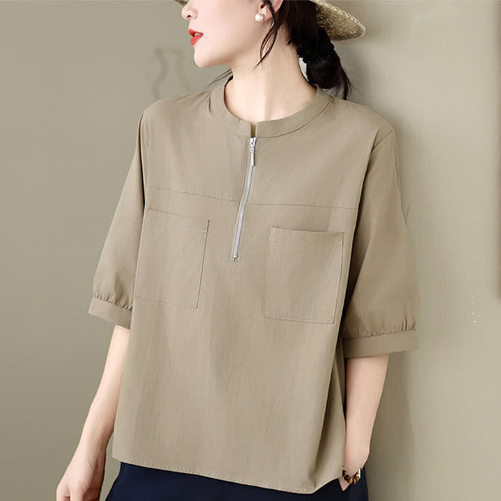 Buddha Stones Summer Minimalist Casual Quarter Zip Design Solid Women's Short Sleeve Shirts With Patch Pocket - image 4