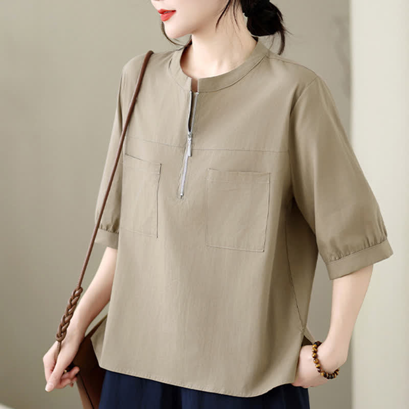 Buddha Stones Summer Minimalist Casual Quarter Zip Design Solid Women's Short Sleeve Shirts With Patch Pocket - image 3