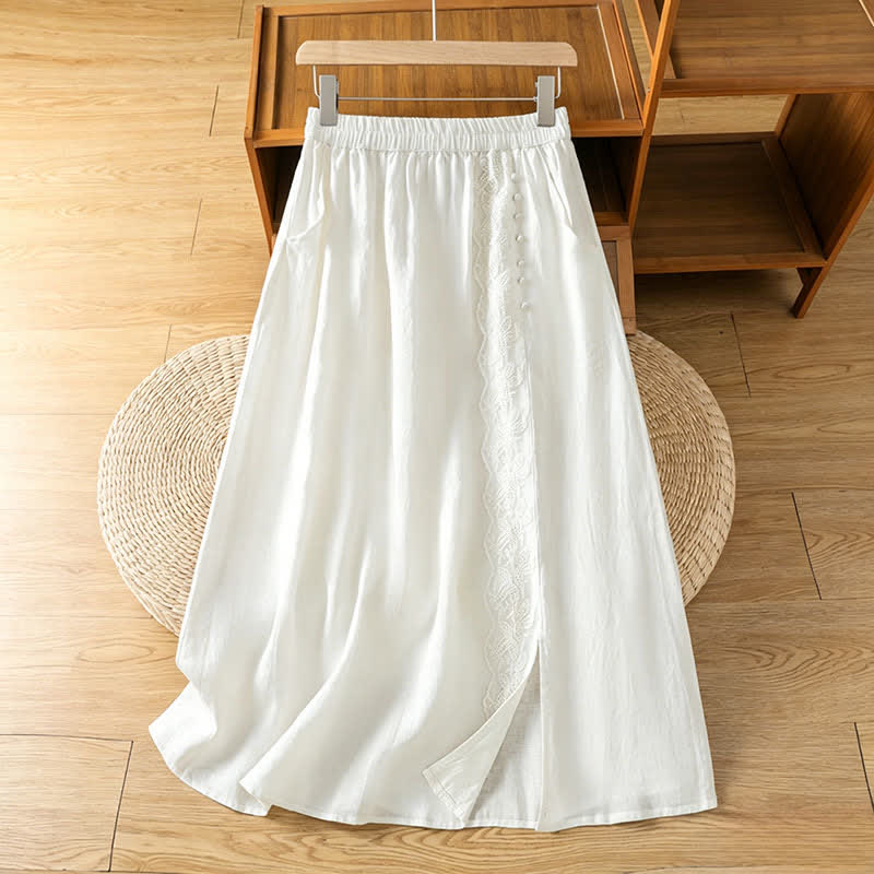Buddha Stones Summer Casual Vintage Side Slit Solid Flowers Women's Skirts With Pocket - White - US8-10, UK/AU12-14, EU40-42 (2XL) - image 14