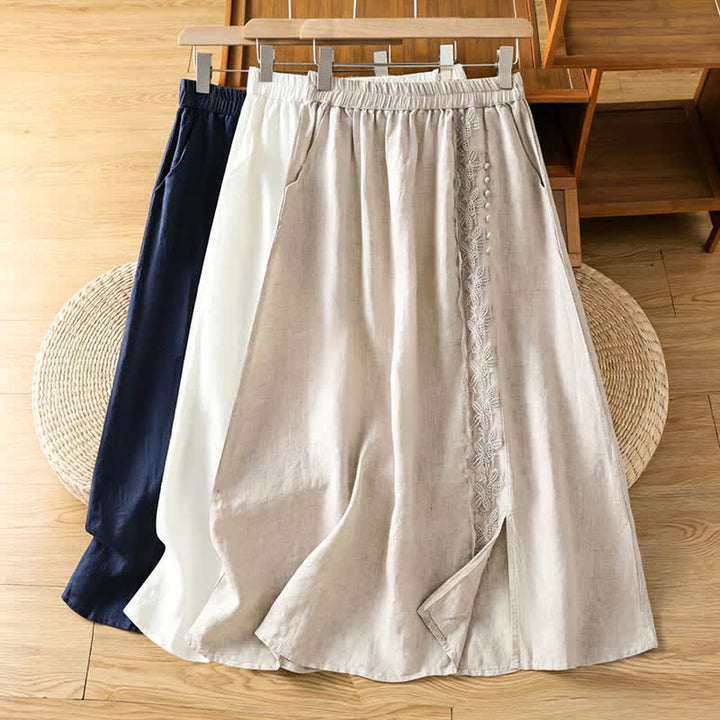 Buddha Stones Summer Casual Vintage Side Slit Solid Flowers Women's Skirts With Pocket - image 20