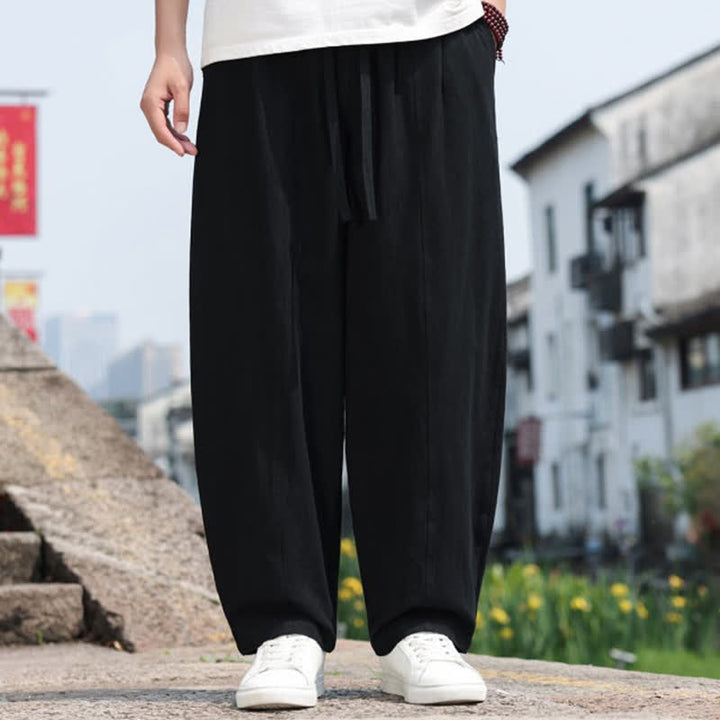 Buddha Stones Summer Casual Minimalist Drawstring Solid Cotton Long Pants Men's Harem Pants With Pocket - image 14