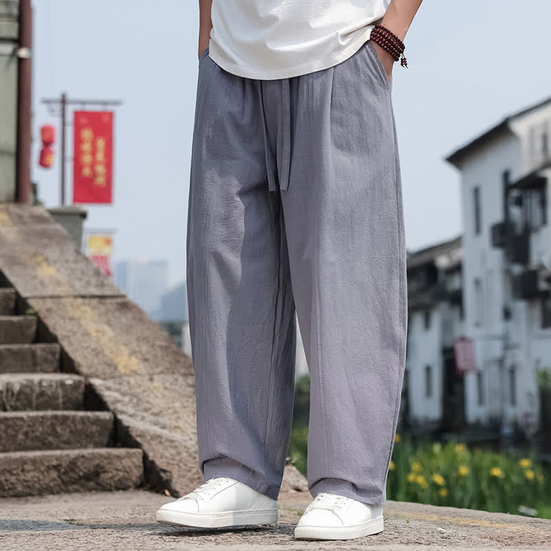 Buddha Stones Summer Casual Minimalist Drawstring Solid Cotton Long Pants Men's Harem Pants With Pocket - image 1