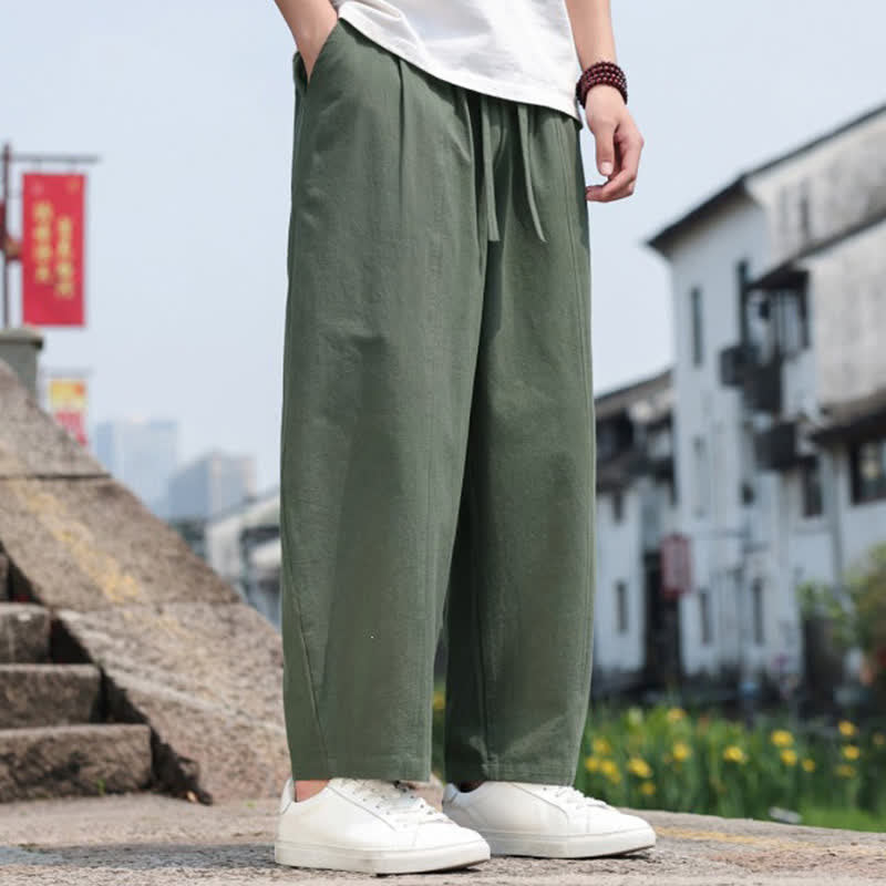 Buddha Stones Summer Casual Minimalist Drawstring Solid Cotton Long Pants Men's Harem Pants With Pocket - image 23