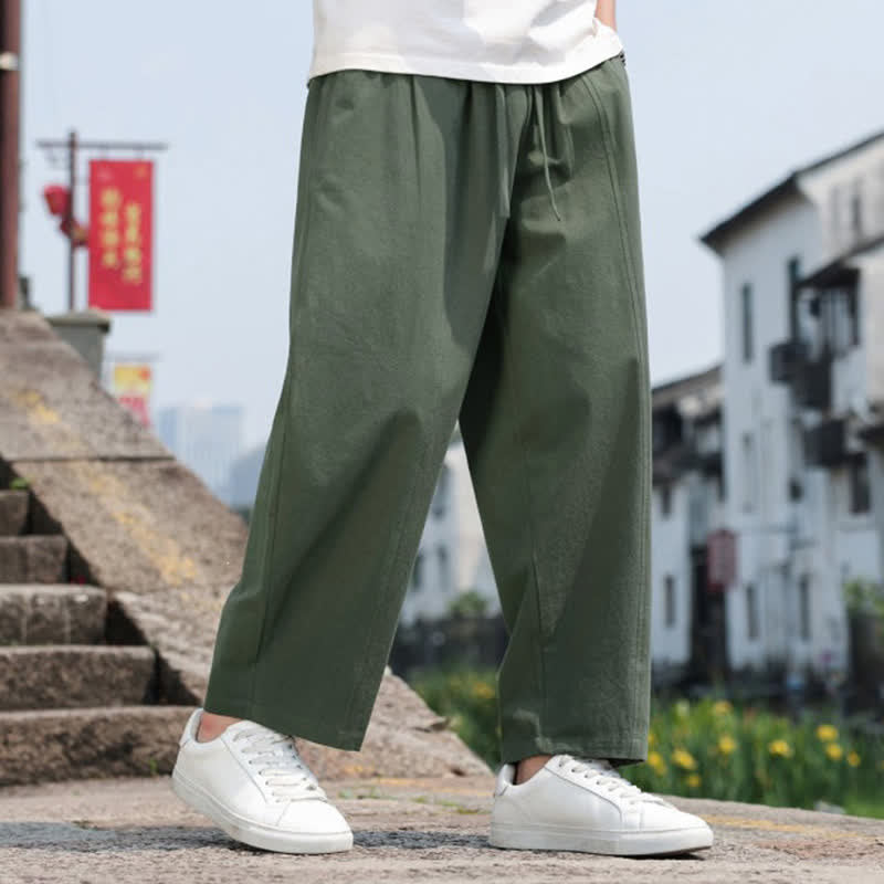 Buddha Stones Summer Casual Minimalist Drawstring Solid Cotton Long Pants Men's Harem Pants With Pocket - image 24