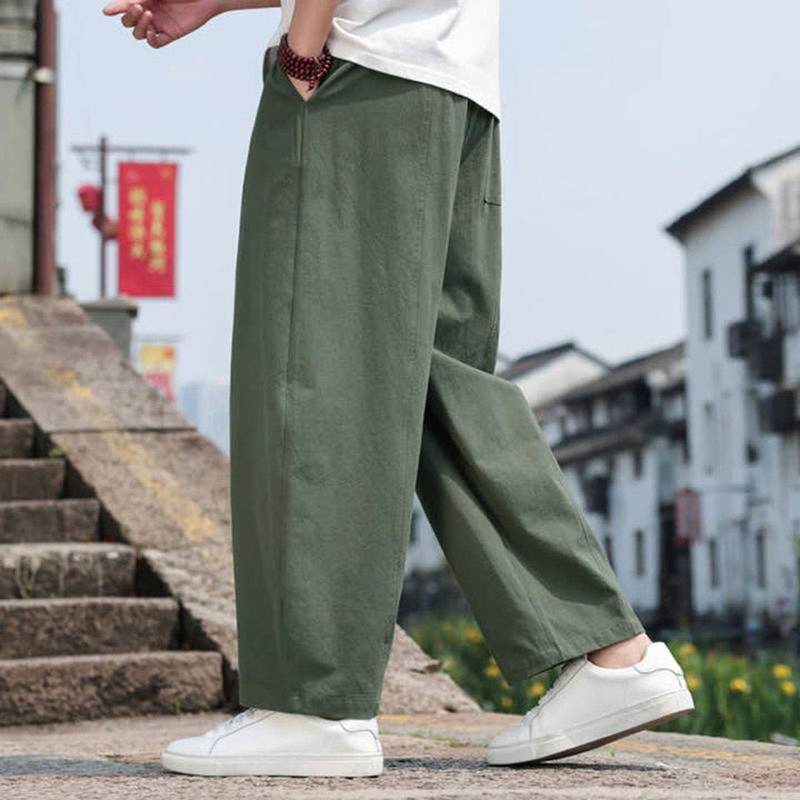 Buddha Stones Summer Casual Minimalist Drawstring Solid Cotton Long Pants Men's Harem Pants With Pocket - image 30