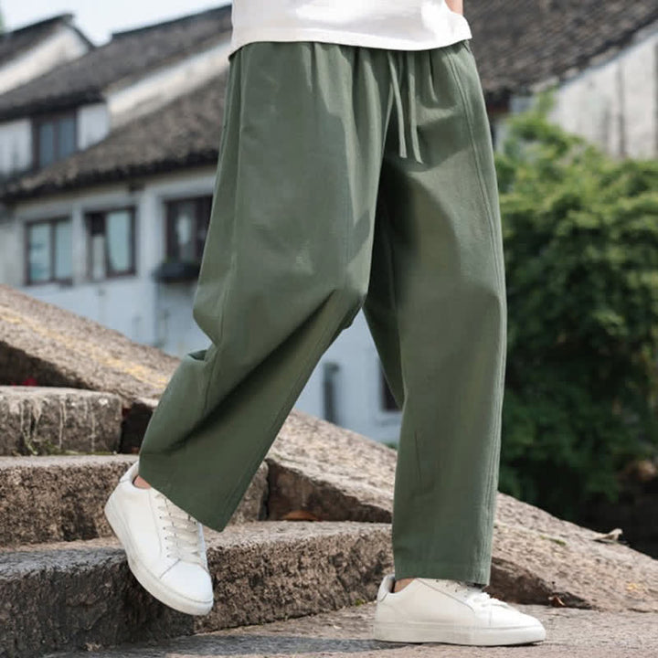 Buddha Stones Summer Casual Minimalist Drawstring Solid Cotton Long Pants Men's Harem Pants With Pocket - image 29