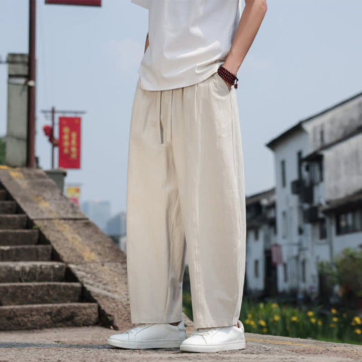 Buddha Stones Summer Casual Minimalist Drawstring Solid Cotton Long Pants Men's Harem Pants With Pocket - image 34
