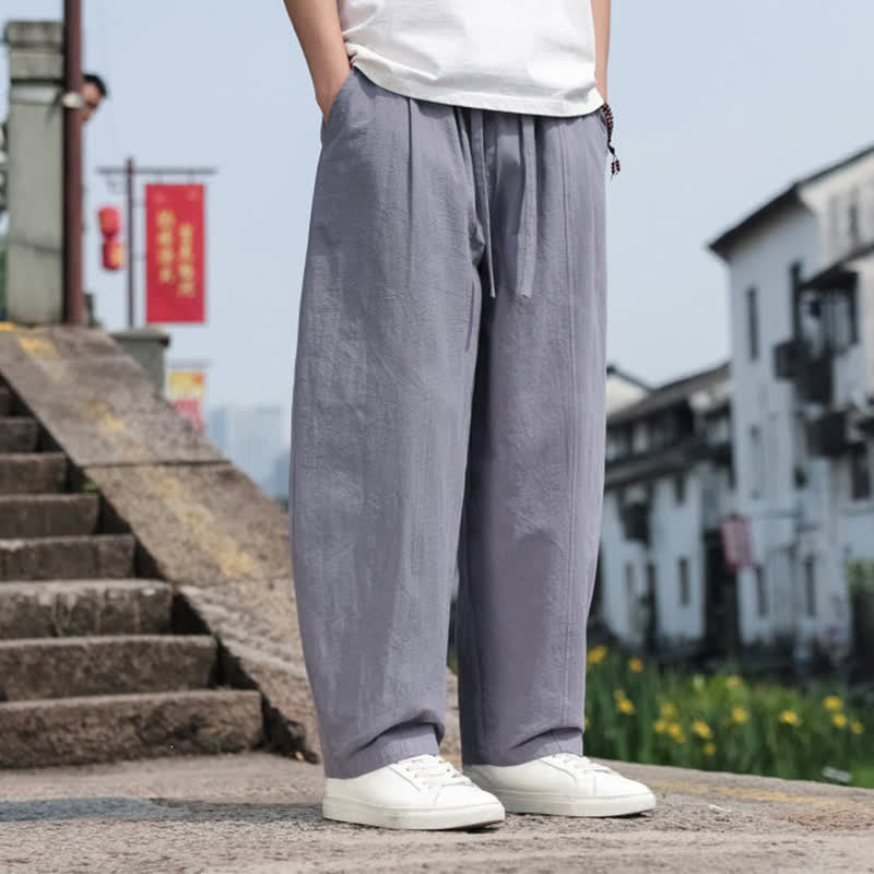Buddha Stones Summer Casual Minimalist Drawstring Solid Cotton Long Pants Men's Harem Pants With Pocket - image 3