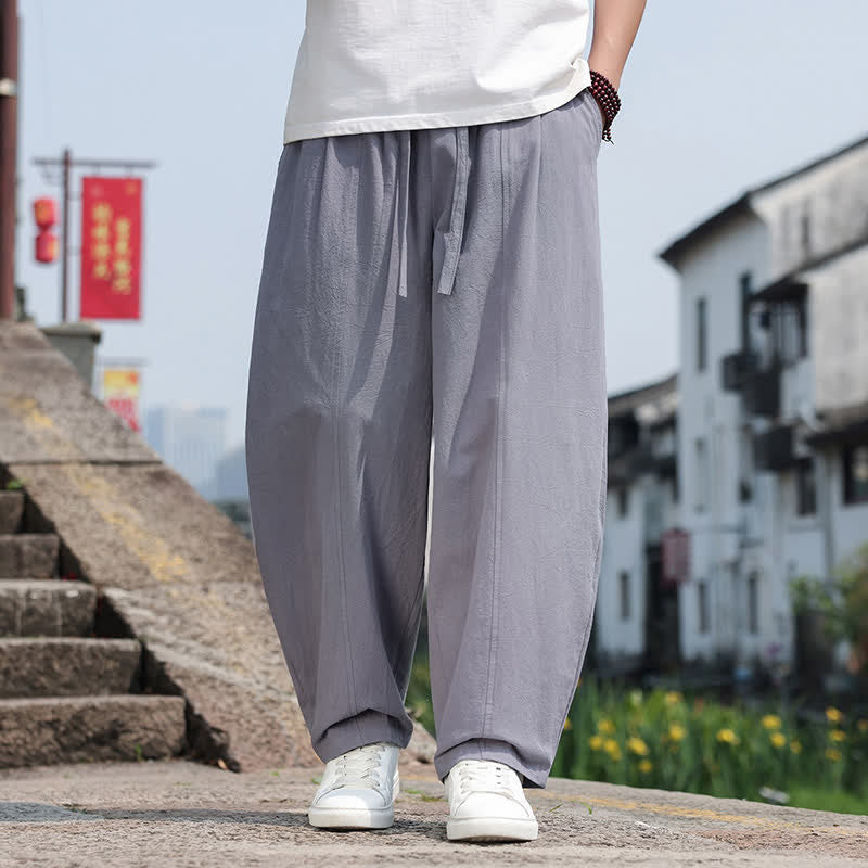 Buddha Stones Summer Casual Minimalist Drawstring Solid Cotton Long Pants Men's Harem Pants With Pocket - DarkGray - US/UK/AU46, EU56 (5XL) - image 0