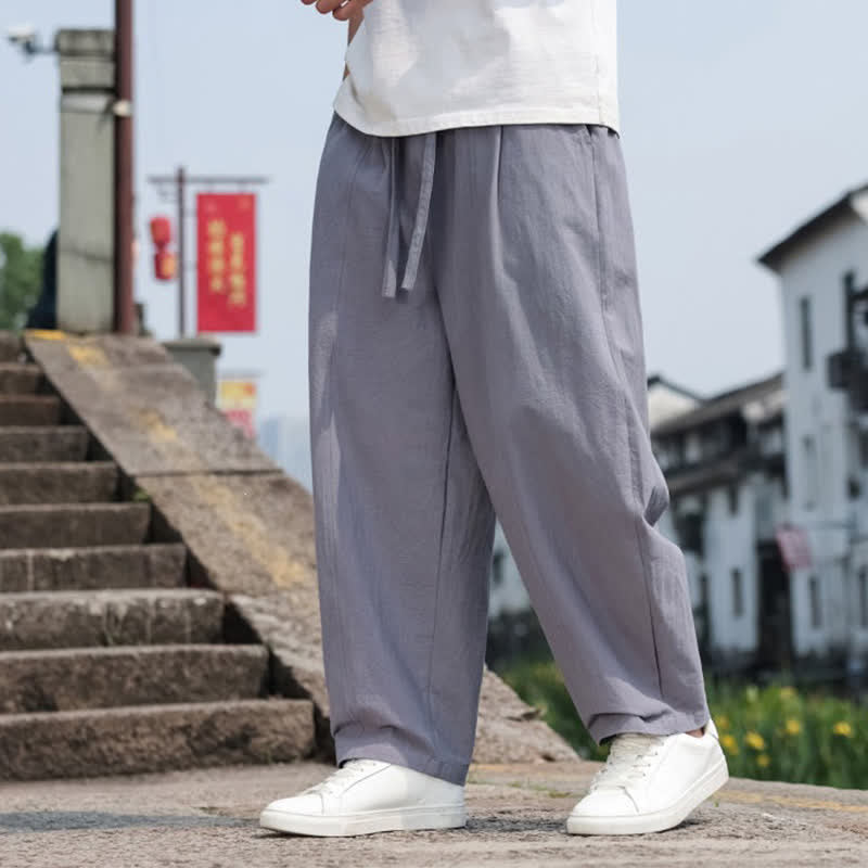 Buddha Stones Summer Casual Minimalist Drawstring Solid Cotton Long Pants Men's Harem Pants With Pocket - image 6